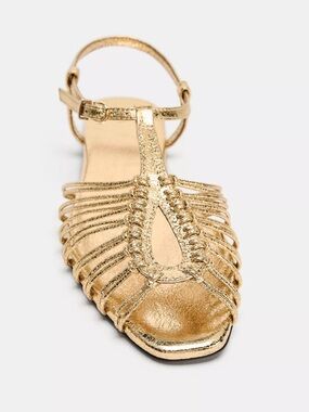 Zara NWT Metallic Gold Braided Flat open toe Sandals